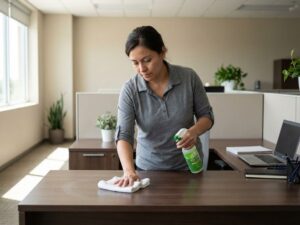 Kennisbank 3 Vrouw in grijze polo reinigt modern kantoorbureau met groene sprayflacon en microvezeldoek in helder verlicht kantoor