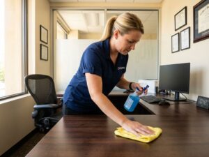 Kennisbank 6 Vrouw in marineblauw poloshirt reinigt kantoorbureau met sprayflacon en gele microvezeldoek in moderne werkruimte