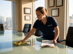 Kennisbank 7 Professionele schoonmaakster in marineblauw poloshirt reinigt glazen vergadertafel met gele microvezeldoek en checklist
