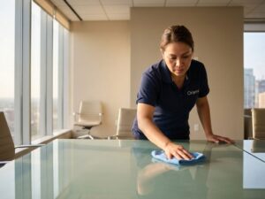 Kennisbank 1 Professionele schoonmaakster in Orisma polo reinigt glazen vergadertafel met microfiber doek in modern kantoor