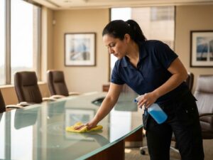 Kennisbank 6 Professionele schoonmaakster in marineblauw poloshirt voert kantoorschoonmaak uit en reinigt een glazen vergadertafel in een moderne boardroom.