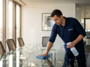 Kennisbank 8 Professionele schoonmaker in Orisma polo reinigt glazen vergadertafel met microvezeldoek in modern kantoor