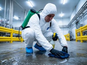 Kennisbank 5 Professionele schoonmaker in beschermende kleding reinigt betonvloer met spuitfles in industriële magazijnruimte