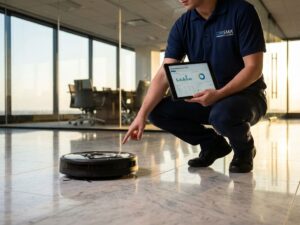 Kennisbank 6 Professionele schoonmaker in marineblauw Orisma polo demonstreert robotstofzuiger met tablet op marmeren kantoorvloer
