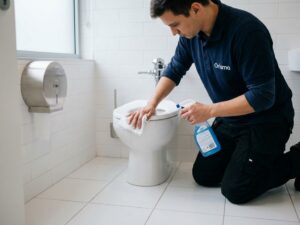 Kennisbank 7 Professionele schoonmaker in Orisma uniform reinigt kantoortoilet met desinfectant en microvezeldoek