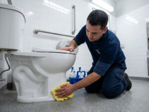 Kennisbank 4 Professionele schoonmaker in marineblauw uniform reinigt kantoortoilet met gele microvezeldoek op commerciële badkamervloer