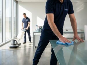 Kennisbank 8 Professionele schoonmaker in marineblauw Orisma polo reinigt glazen vergadertafel terwijl collega vloer buffert in kantoor