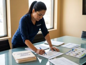 Kennisbank 9 Professionele schoonmaakconsulent in marineblauw shirt bekijkt reinigingsschema's en checklists op moderne vergadertafel