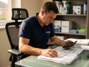 Kennisbank 10 Professionele schoonmaakmanager in marineblauw polo analyseert financiële documenten met rekenmachine aan glazen bureau