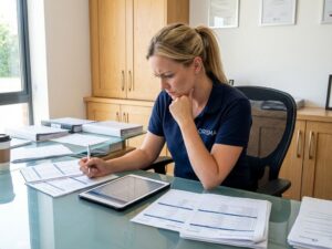 Kennisbank 5 Schoonmaakmanager in marineblauw Orisma-poloshirt bekijkt checklist op tablet aan glazen bureau in modern kantoor