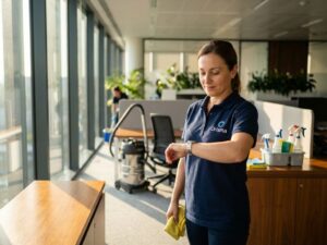 Kennisbank 5 Vrouw in marineblauw Orisma polo controleert zilveren horloge tijdens professionele schoonmaakdienst in modern kantoor