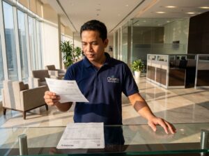 Kennisbank 7 Professionele schoonmaakspecialist in Orisma polo bekijkt factuur in modern kantoor met glazen bureau