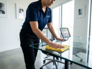 Kennisbank 3 Professionele schoonmaakster in marineblauw shirt veegt glazen vergadertafel af in helder kantoor