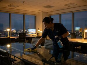 Kennisbank 4 Professionele schoonmaker in donkerblauwe uniform reinigt glazen vergadertafel in modern kantoor tijdens avonduren