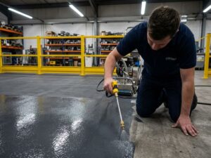 Kennisbank 10 Man in marineblauw poloshirt brengt beschermende coating aan op betonvloer met gele spuitstok in industriële ruimte