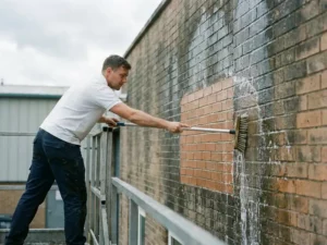 Professionele reiniger scrubt vuile bakstenen buitenmuur met langstelige borstel, zeepwater stroomt over terracotta steen.