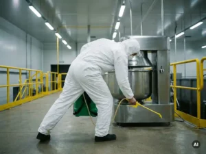 Kennisbank 6 Werknemer in wit Tyvek-pak sproeit met gele spuitlans de basis van een roestvrijstalen machine in een industriële voedselproductiehal.