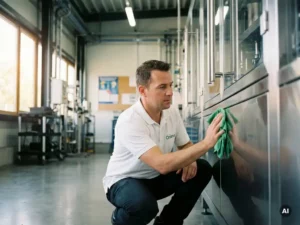 Kennisbank 5 Orisma-medewerker in wit poloshirt inspecteert glanzende roestvrijstalen apparatuur met groene microvezeldoek in Belgische faciliteit.