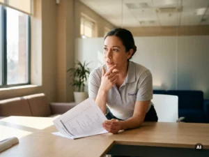 Kennisbank 8 Orisma schoonmaakadviseur bespreekt checklist aan modern kantoorbureau, warm natuurlijk raamlicht, professionele werkomgeving.