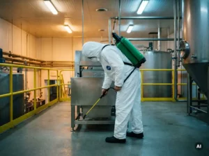 Kennisbank 7 Werknemer in wit Tyvek-pak spuit ontsmettingsmiddel bij industriële roestvrijstalen apparatuur in voedselverwerkingshal.
